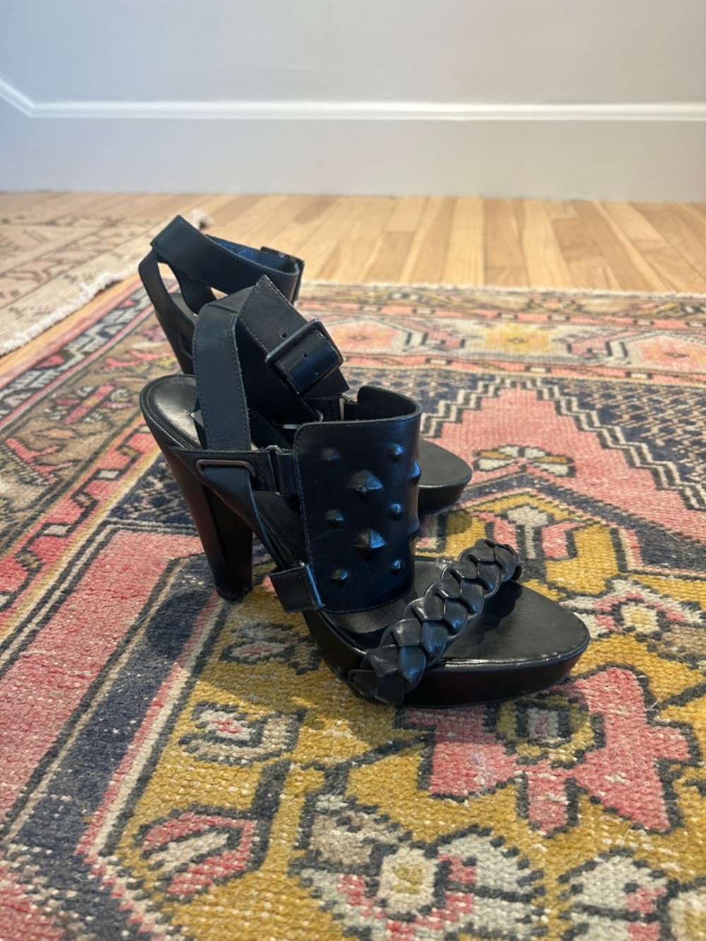 Pour La Victoire Black Studded Leather High Heel Sandals